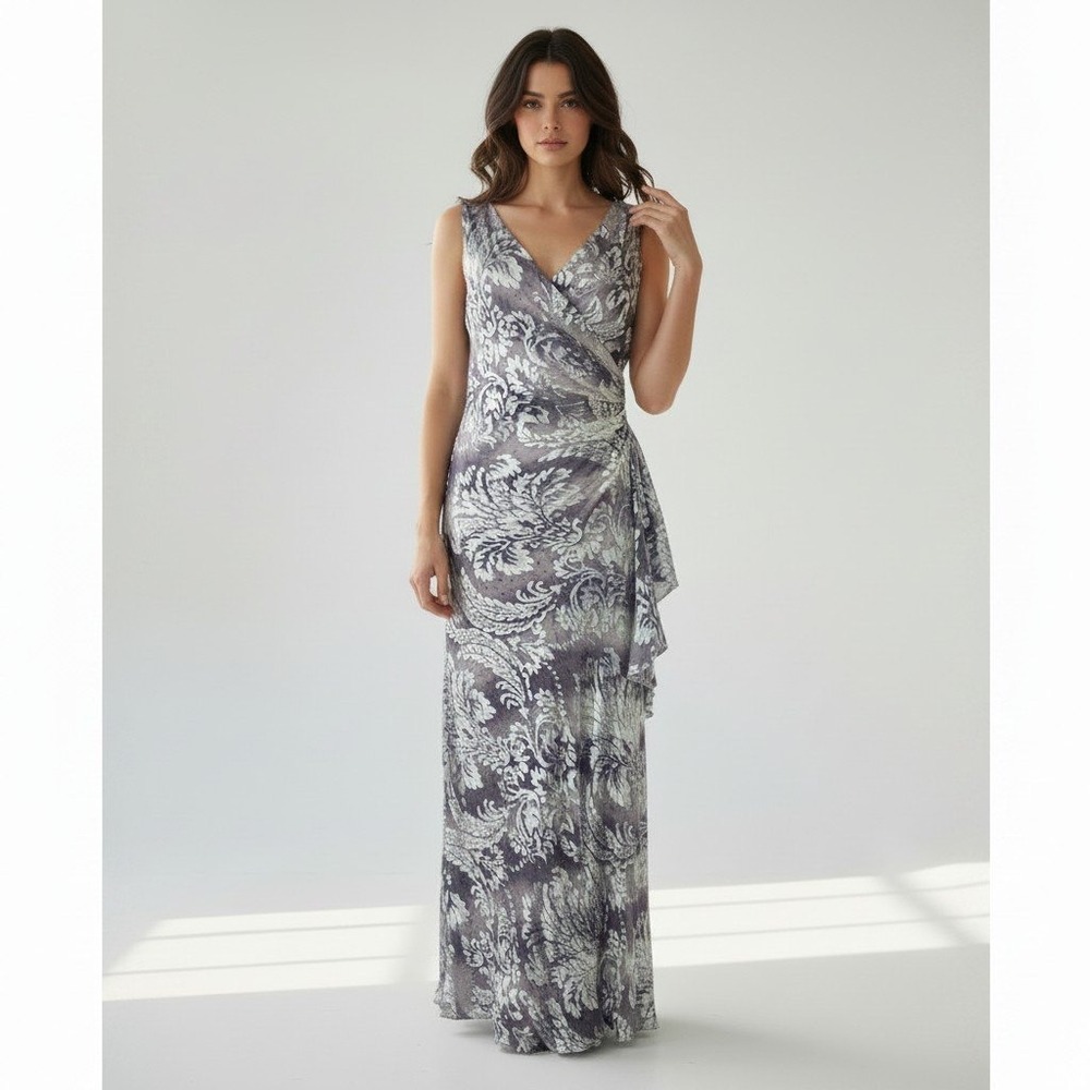 Alex Evenings Lavender Grey Silk Blend Burnout Damask Ruffle Gown Dress Size 12